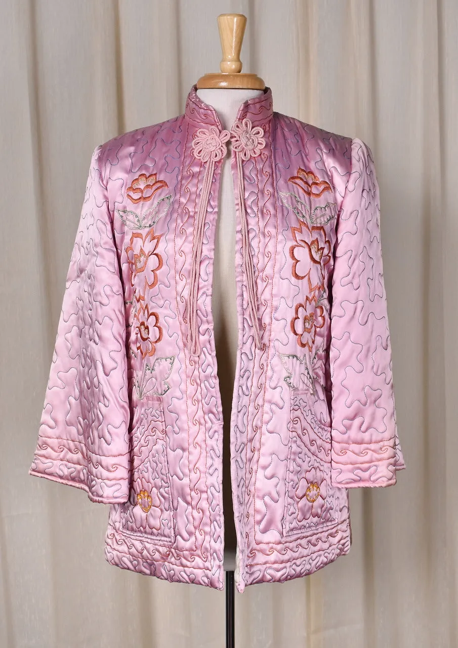 1950s Pink Floral Embroidered Quilted Bed Jacket