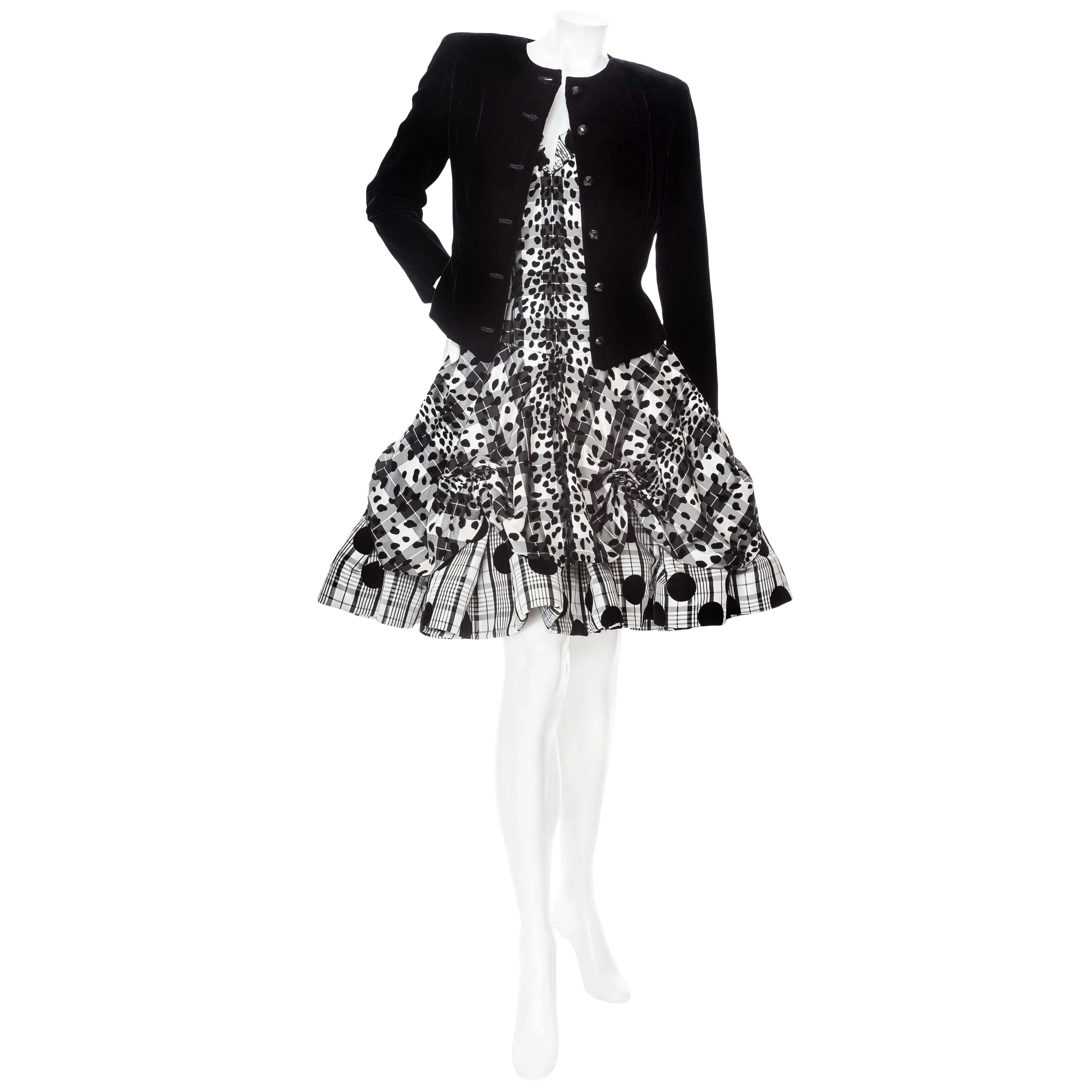 1980s Black and White Spotted Plaid Dress and Jacket Set