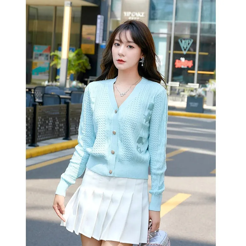 2023 autumn and winter new fashion V-neck short single-row button long-sleeved knitted sweater jacquard wool cardigan women