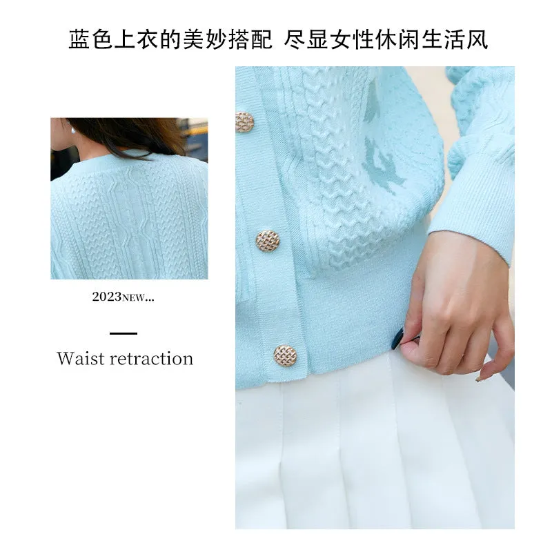 2023 autumn and winter new fashion V-neck short single-row button long-sleeved knitted sweater jacquard wool cardigan women