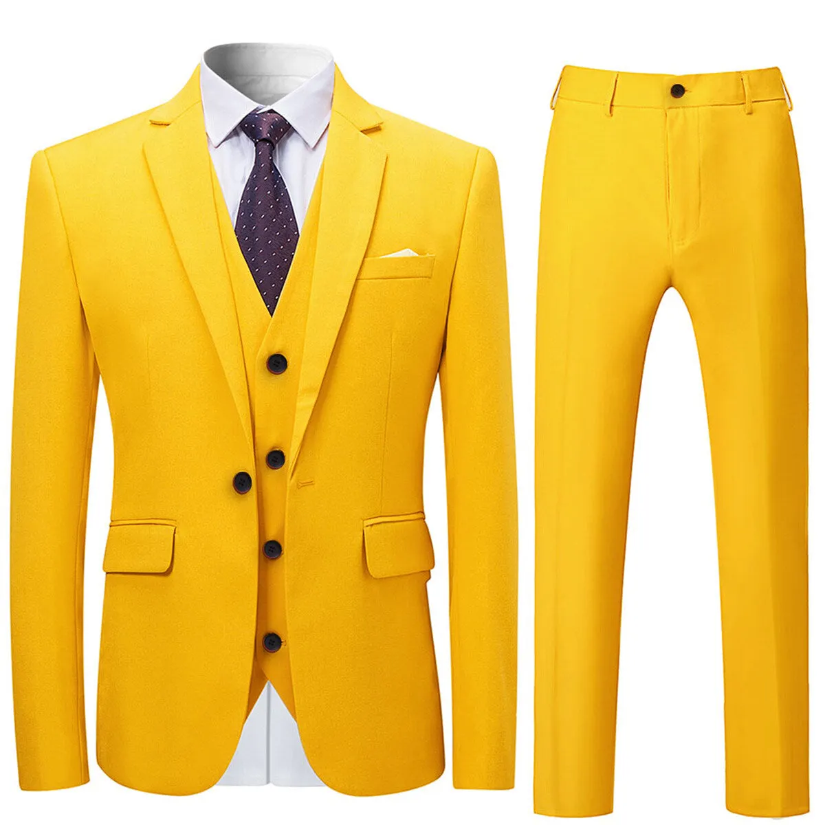 3-Piece Slim Fit Solid Color Jacket Smart Wedding Formal Suit Yellow