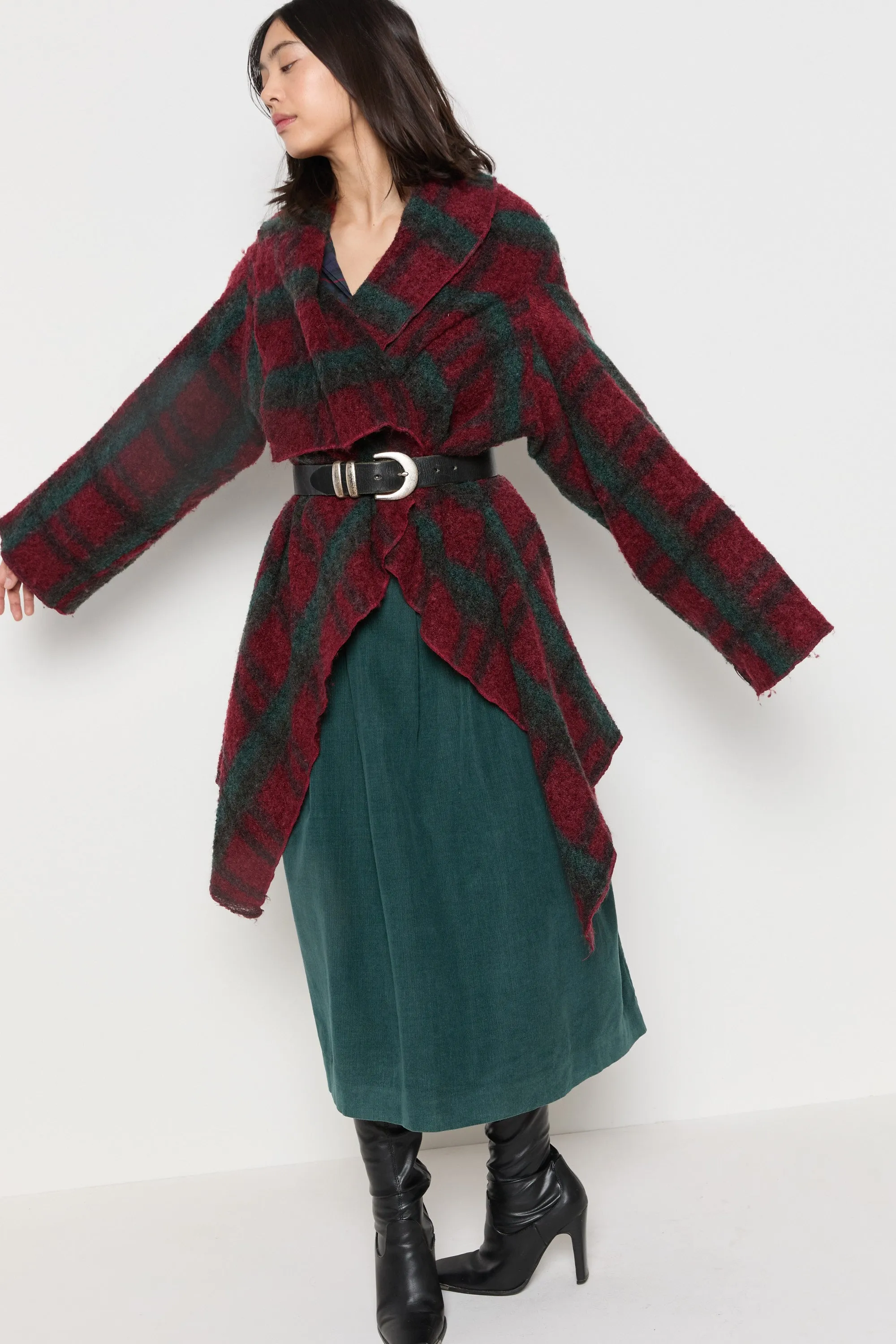 70s Wine Plaid Wool Shawl Duster