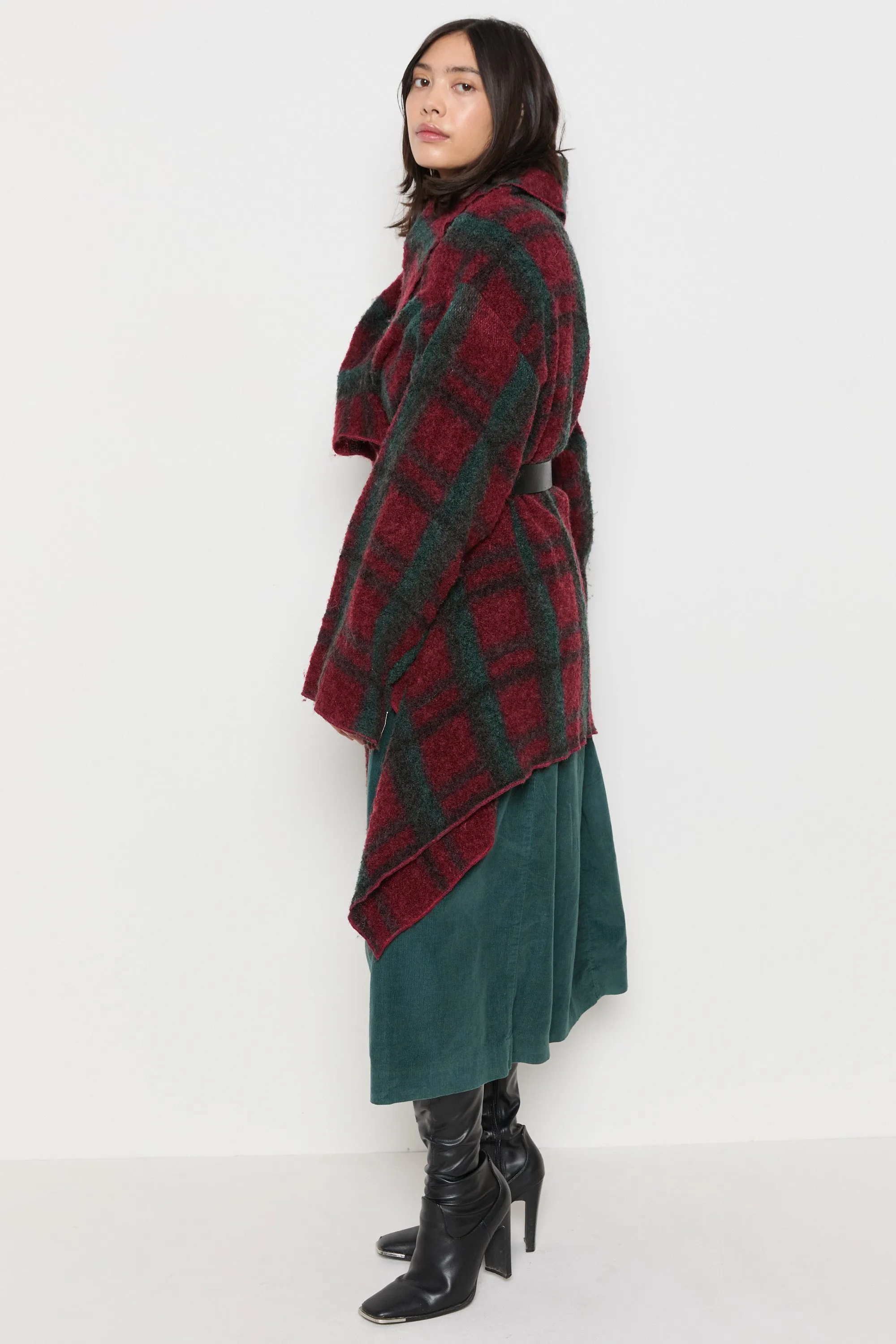 70s Wine Plaid Wool Shawl Duster