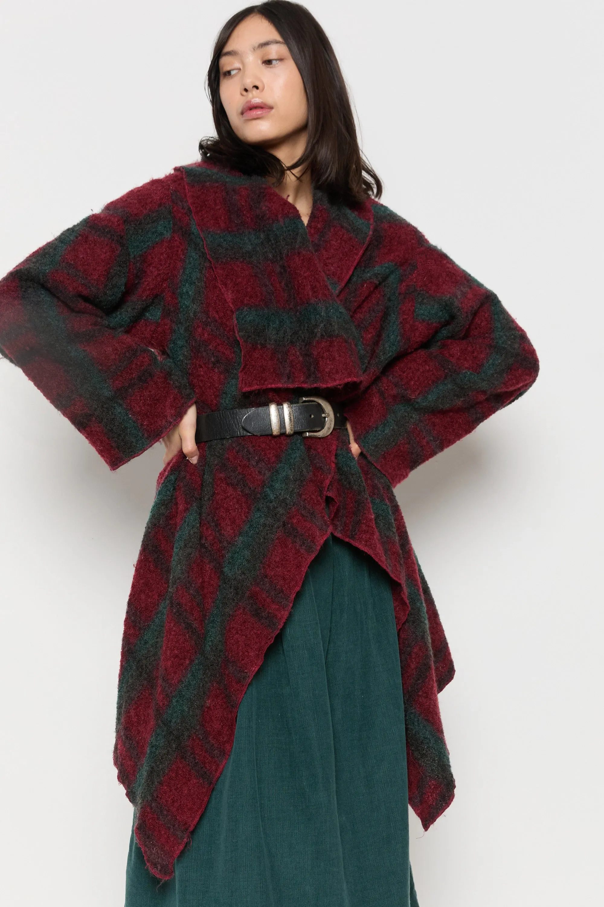 70s Wine Plaid Wool Shawl Duster