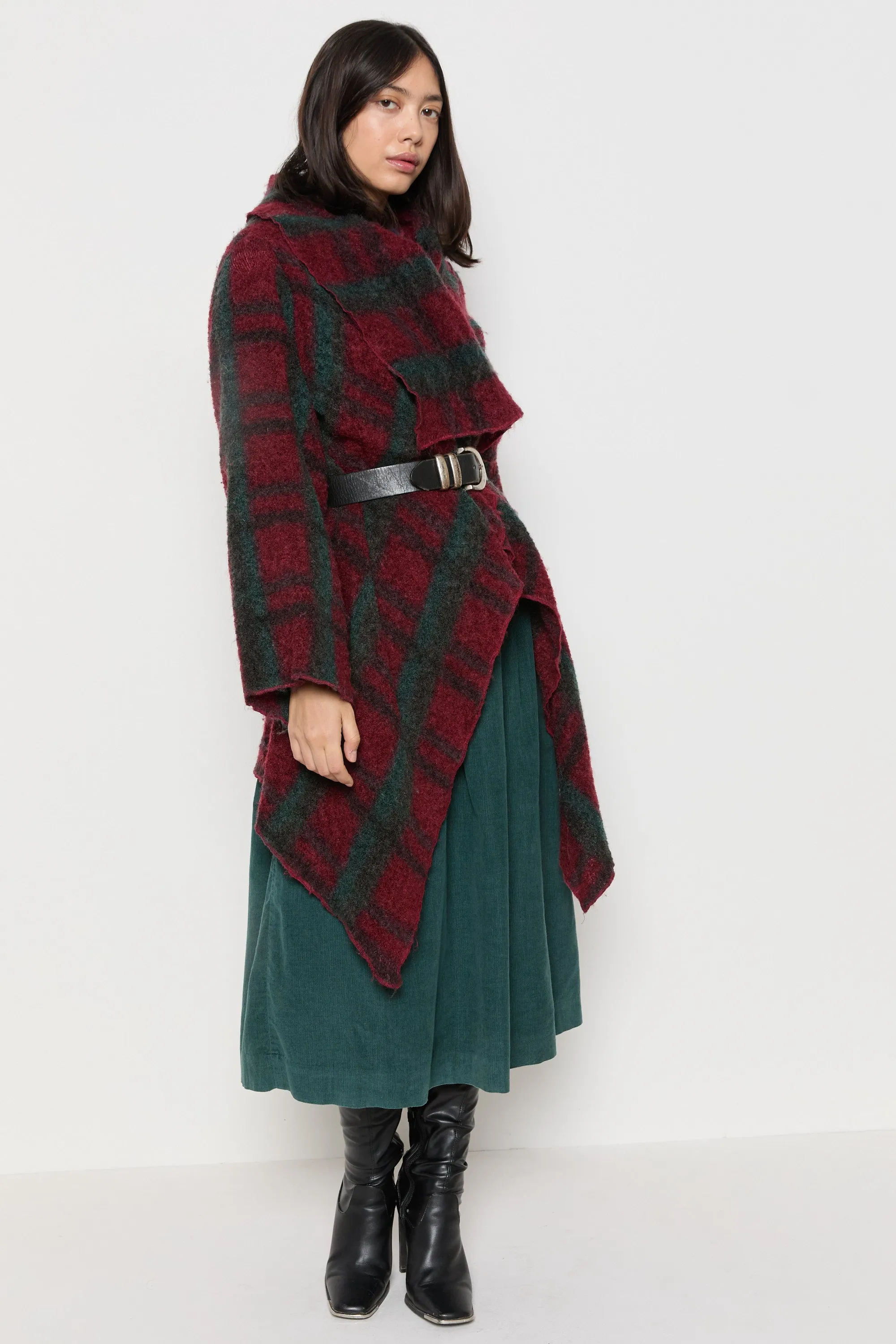 70s Wine Plaid Wool Shawl Duster