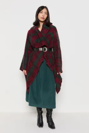 70s Wine Plaid Wool Shawl Duster