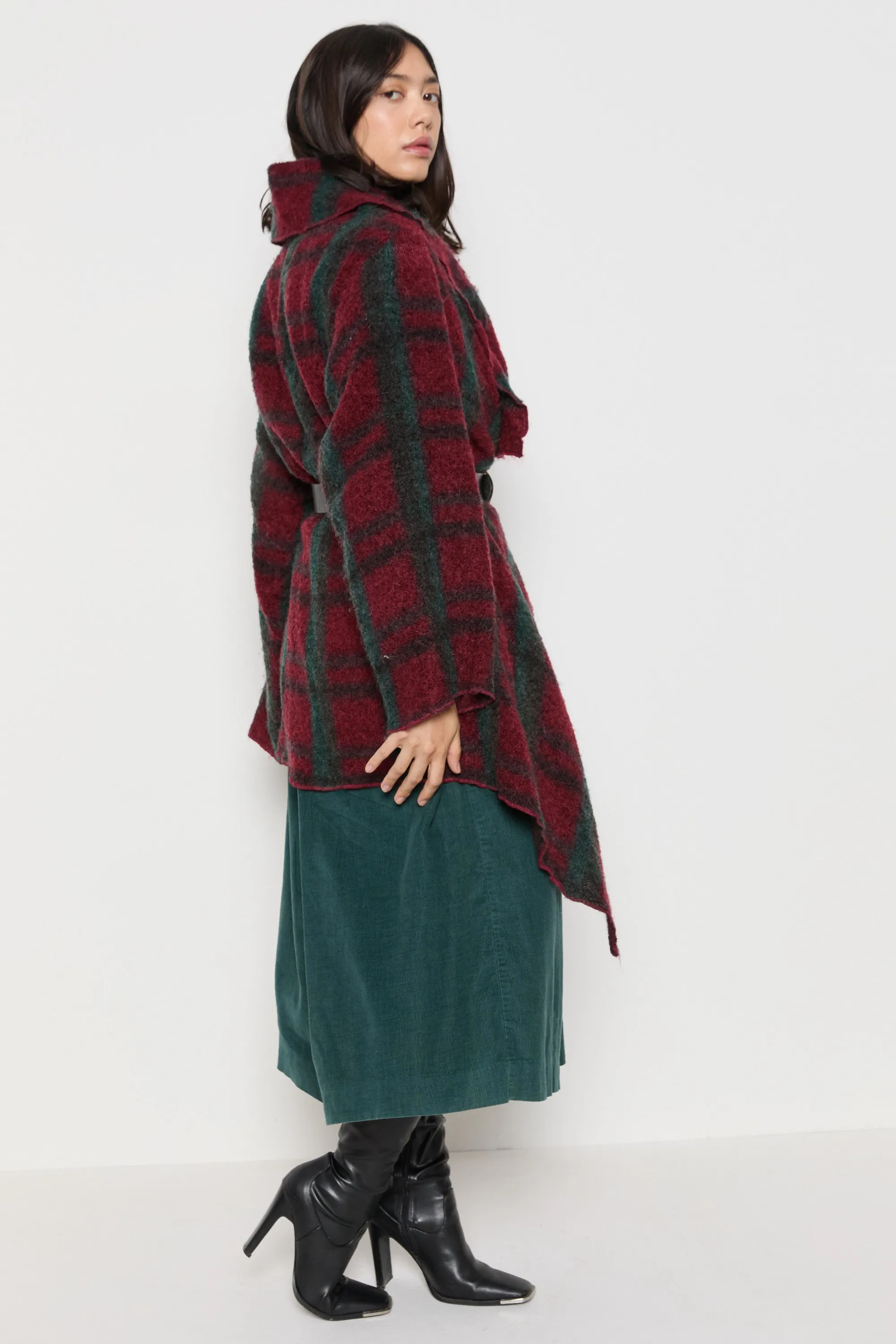 70s Wine Plaid Wool Shawl Duster