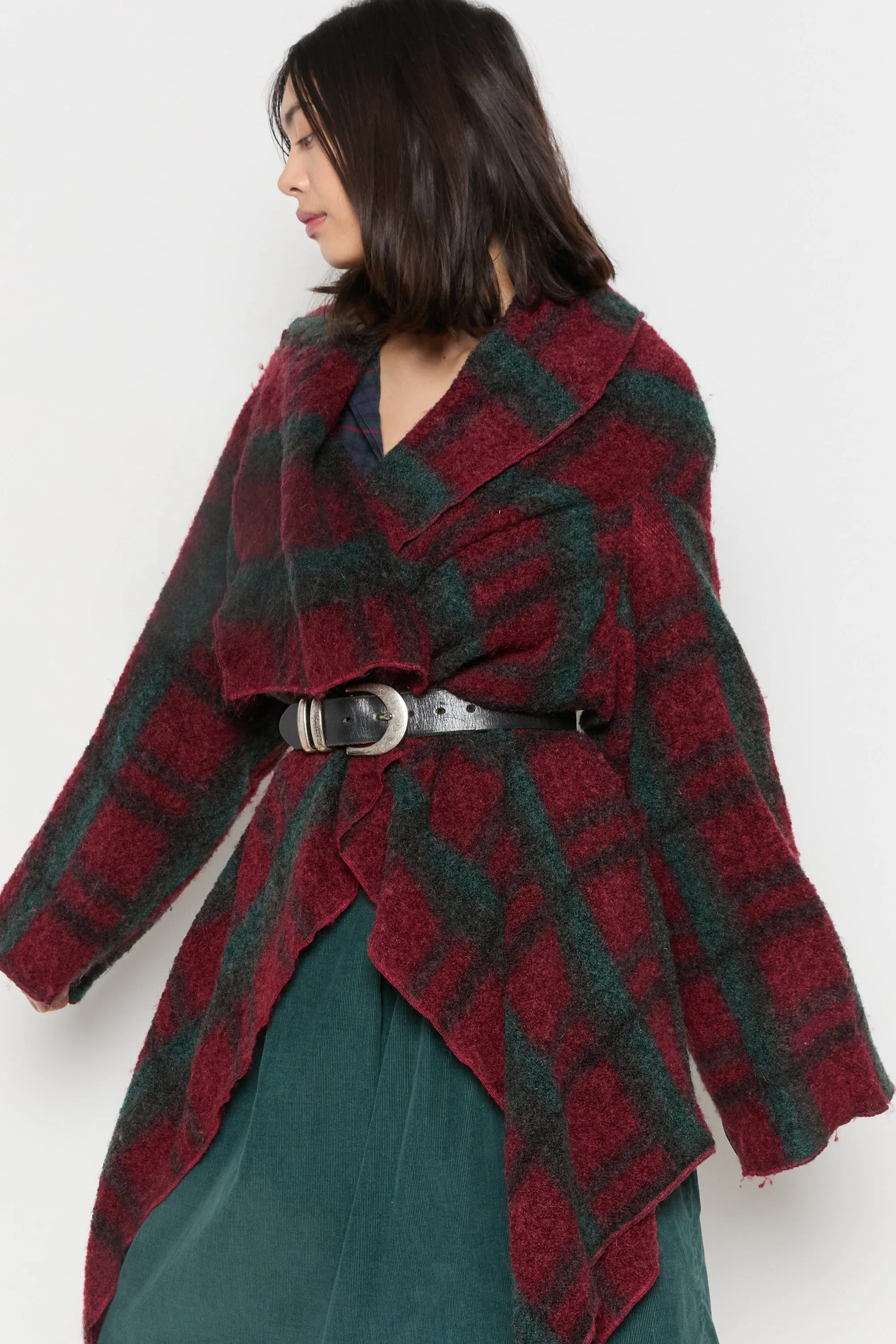 70s Wine Plaid Wool Shawl Duster