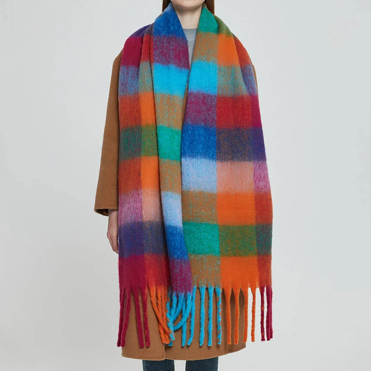 Accity | PLAID PATTERN FRINGE TRIM WINTER SCARF: YELLOW/BLUE