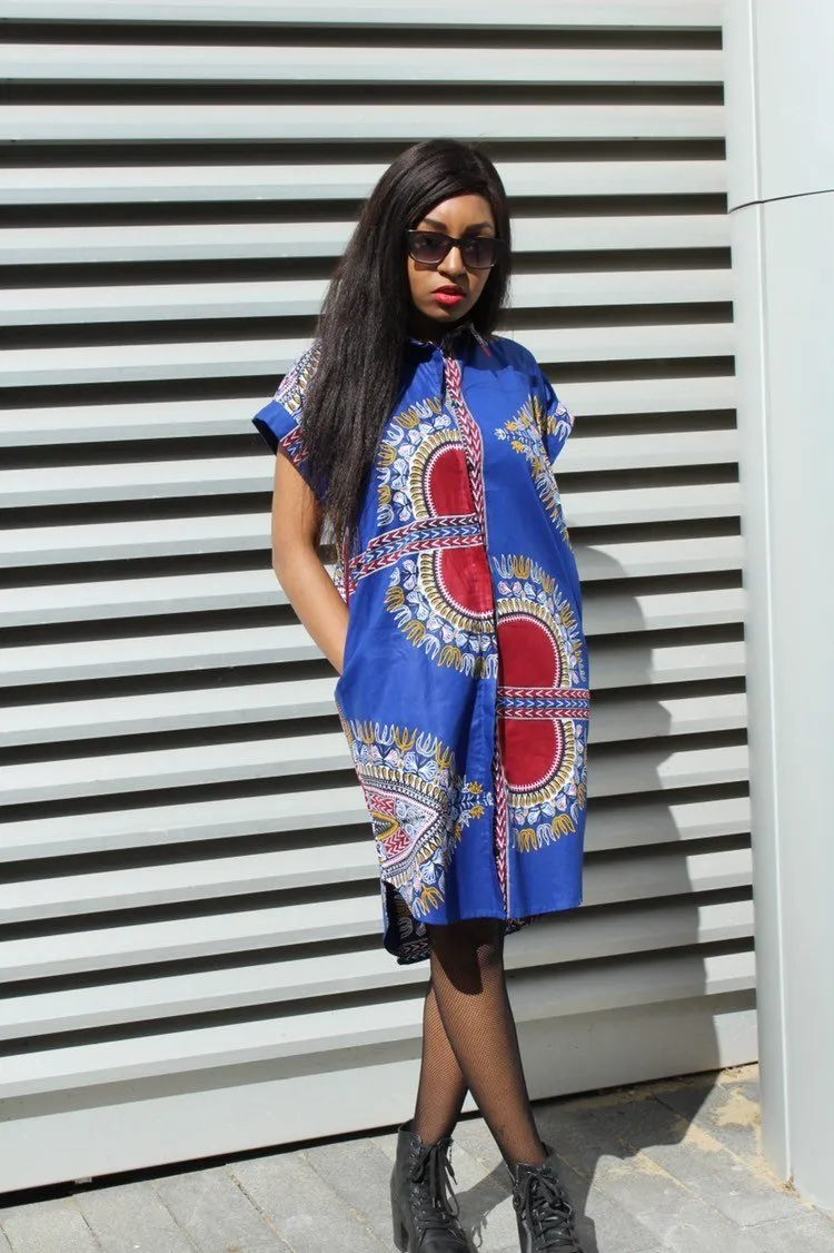 African Shirt Dress in Blue Dashiki Print - Festival Dress