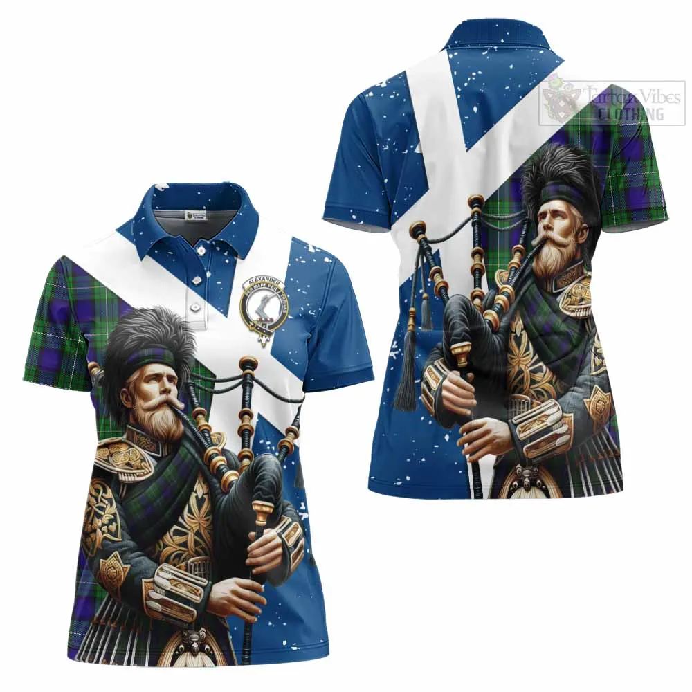 Alexander Tartan Women's Polo Shirt with Family Crest Scottish Bagpiper Vibes