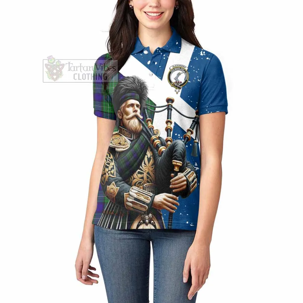 Alexander Tartan Women's Polo Shirt with Family Crest Scottish Bagpiper Vibes