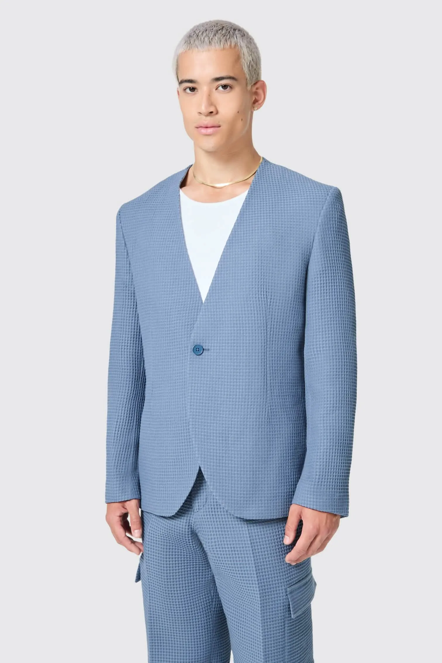 Anthony Oversized Blue Waffle Knit Cotton Suit