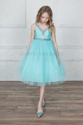 Aqua V-Neck Tulle Rhinestone Tea length Dress