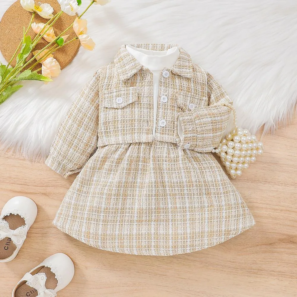 Autumn Girls Cotton Pull Frame Splicing Small Fragrance Dress   Small Coat Set Wholesale Girls Clothes