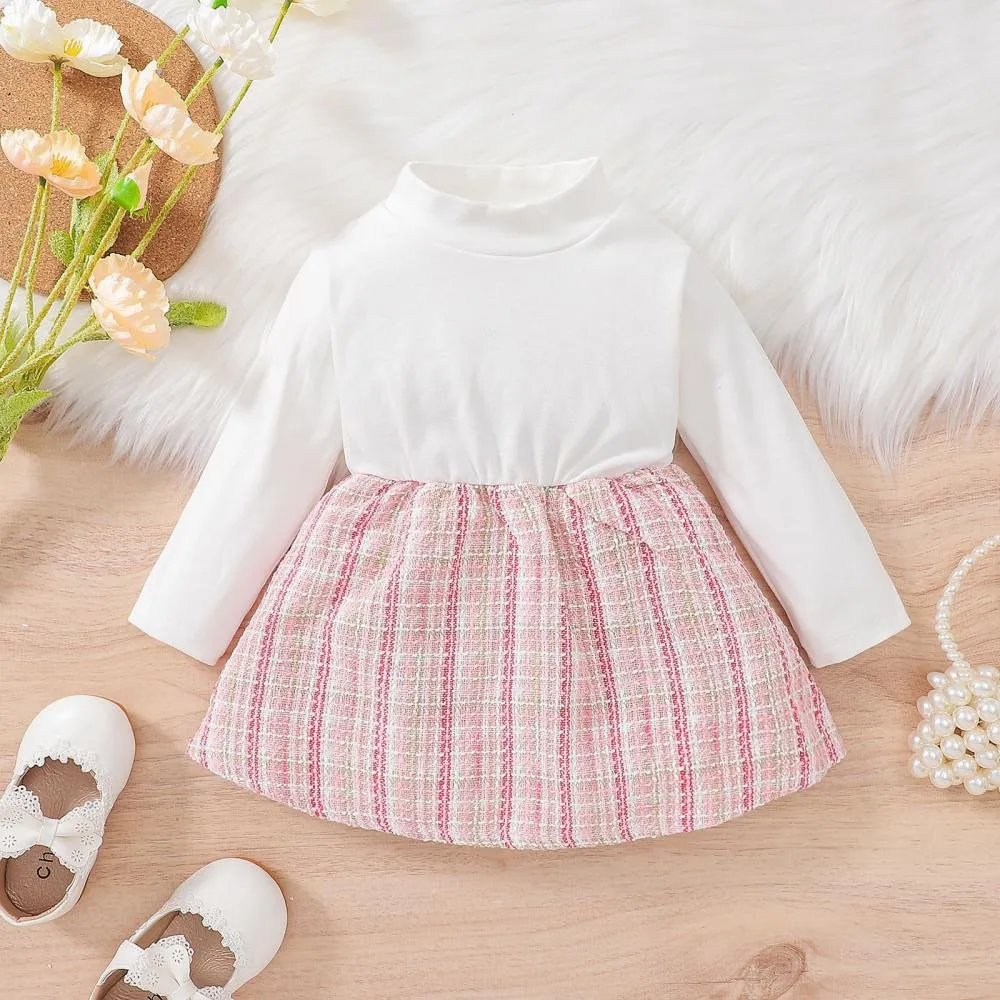 Autumn Girls Cotton Pull Frame Splicing Small Fragrance Dress   Small Coat Set Wholesale Girls Clothes