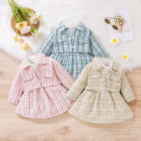 Autumn Girls Cotton Pull Frame Splicing Small Fragrance Dress   Small Coat Set Wholesale Girls Clothes