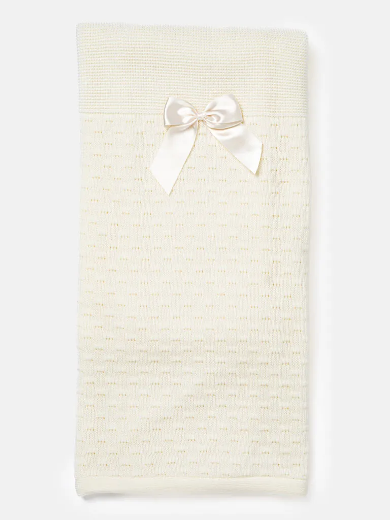 Baby Waffle Knitted Blanket with Satin Bow - Cream/Ivory