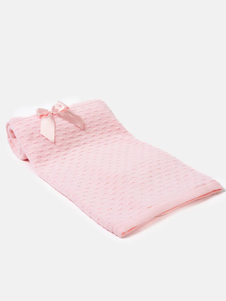 Baby Waffle Knitted Blanket with Satin Bow - Pink