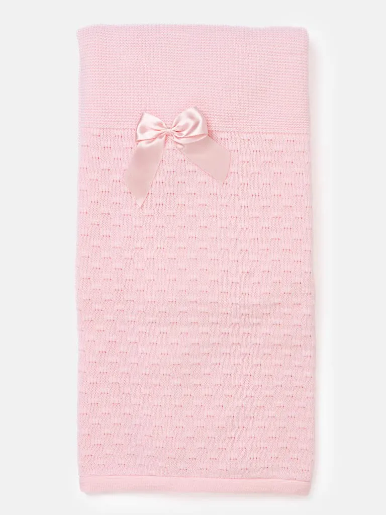 Baby Waffle Knitted Blanket with Satin Bow - Pink