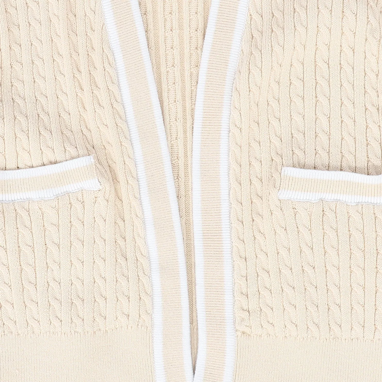 BACE COLLECTION NATURAL CABLE KNIT WHITE TRIM CARDIGAN [FINAL SALE]