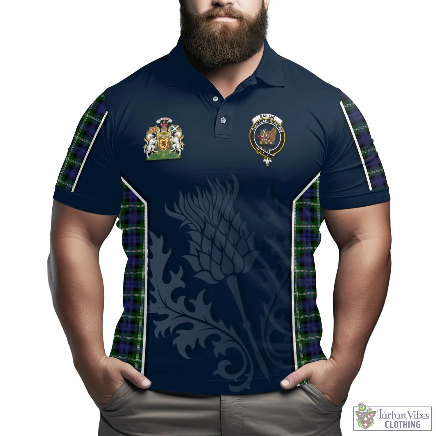 Baillie (Bailey) Tartan Men's Polo Shirt with Family Crest and Scottish Thistle Vibes Sport Style