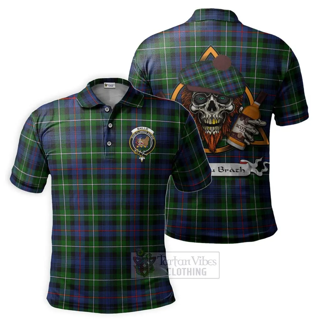 Baillie (Bailey) Tartan Polo Shirt with Family Crest and Bearded Skull Holding Bottles of Whiskey