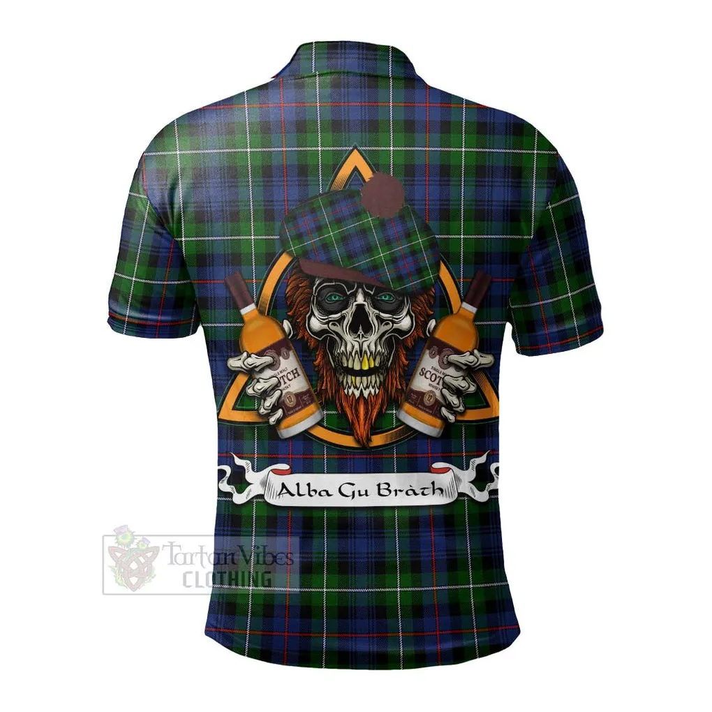 Baillie (Bailey) Tartan Polo Shirt with Family Crest and Bearded Skull Holding Bottles of Whiskey