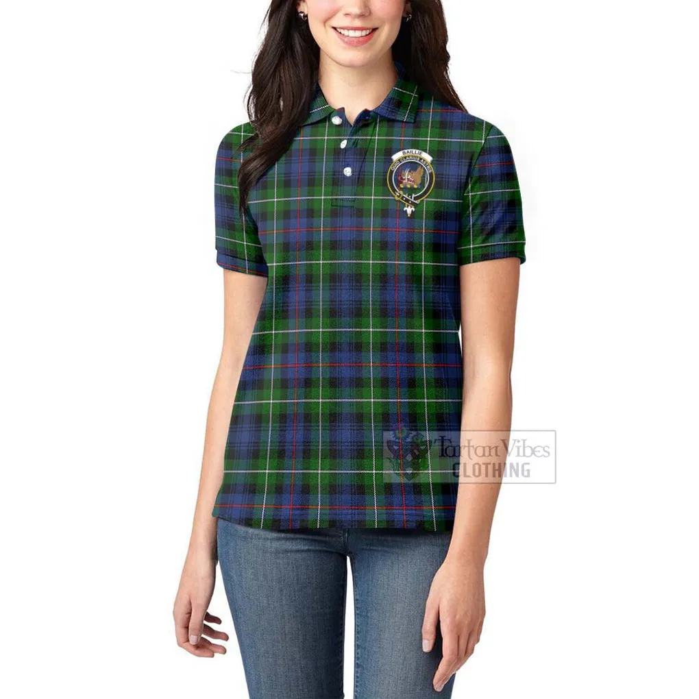 Baillie (Bailey) Tartan Women's Polo Shirt with Family Crest and Bearded Skull Holding Bottles of Whiskey