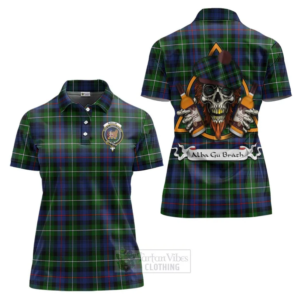 Baillie (Bailey) Tartan Women's Polo Shirt with Family Crest and Bearded Skull Holding Bottles of Whiskey