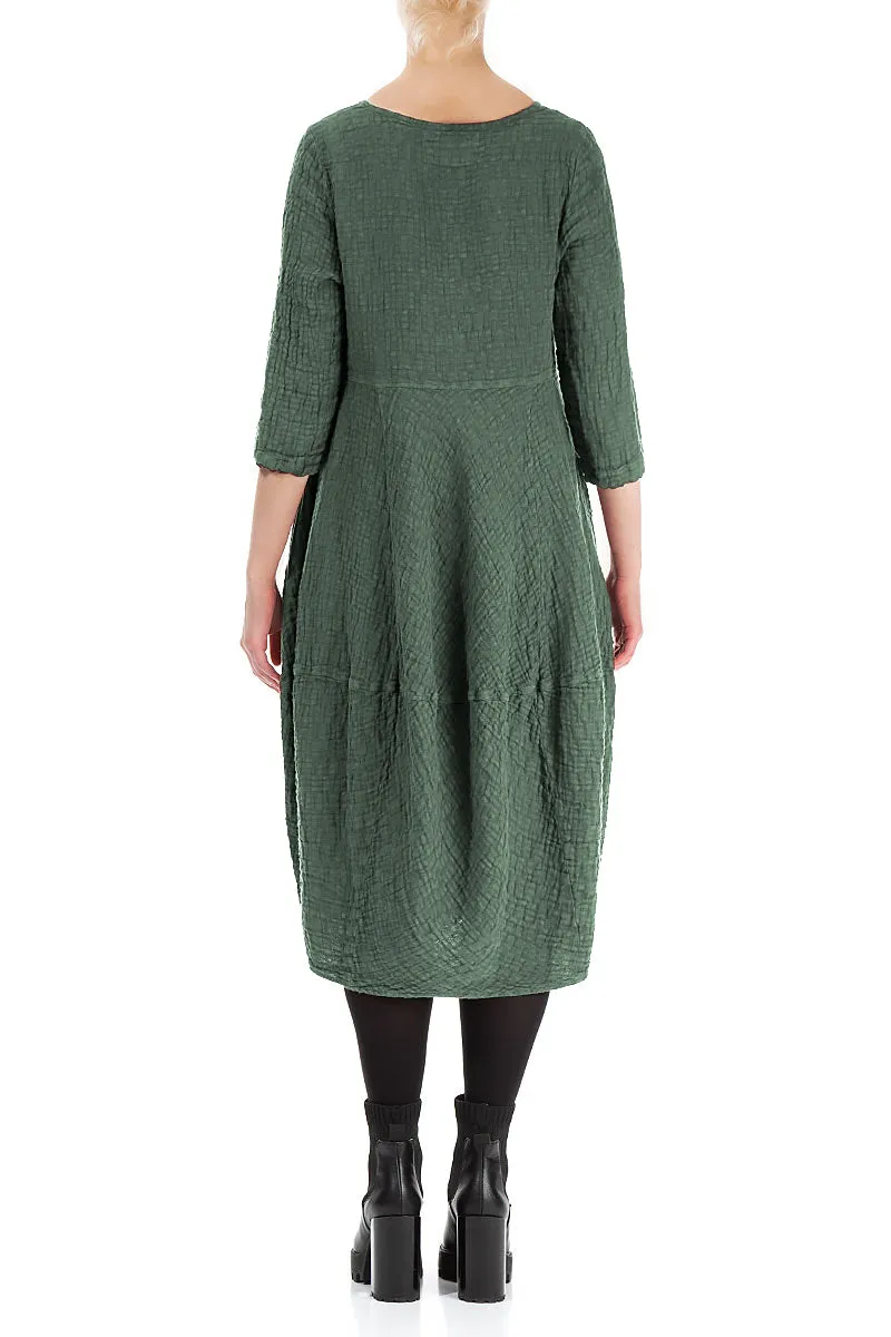 Balloon Cropped Sleeves Dark Sage Textured Linen Dress