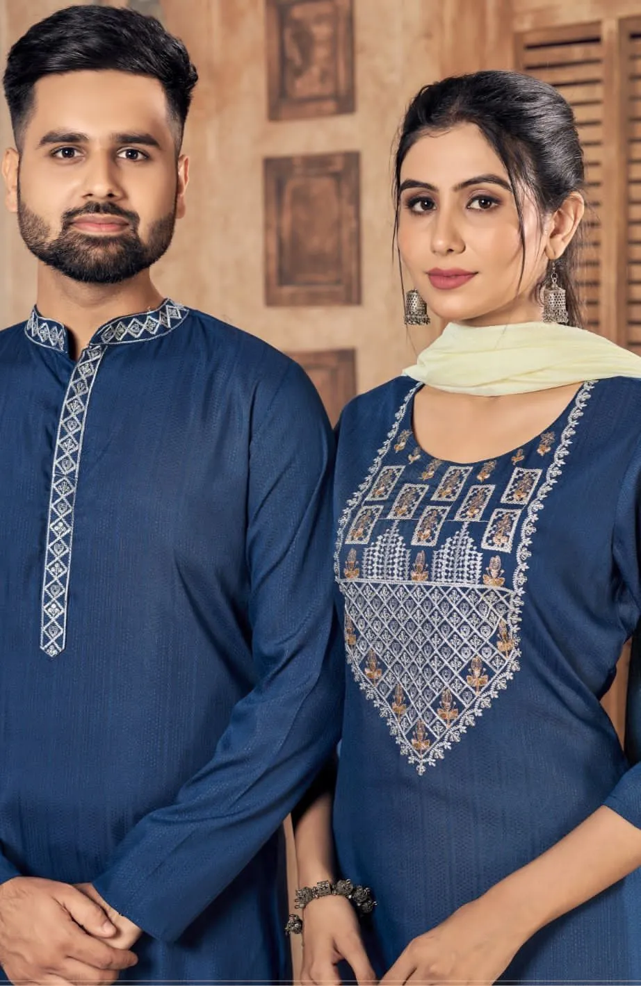 Beautiful Couple wear Blue Same Matching Outfits Set