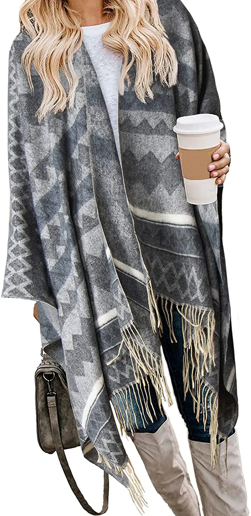 Bestshe Women's Stylish Open Front Poncho Cape Clock Block Oversize Knitted Shawl Wrap for Women