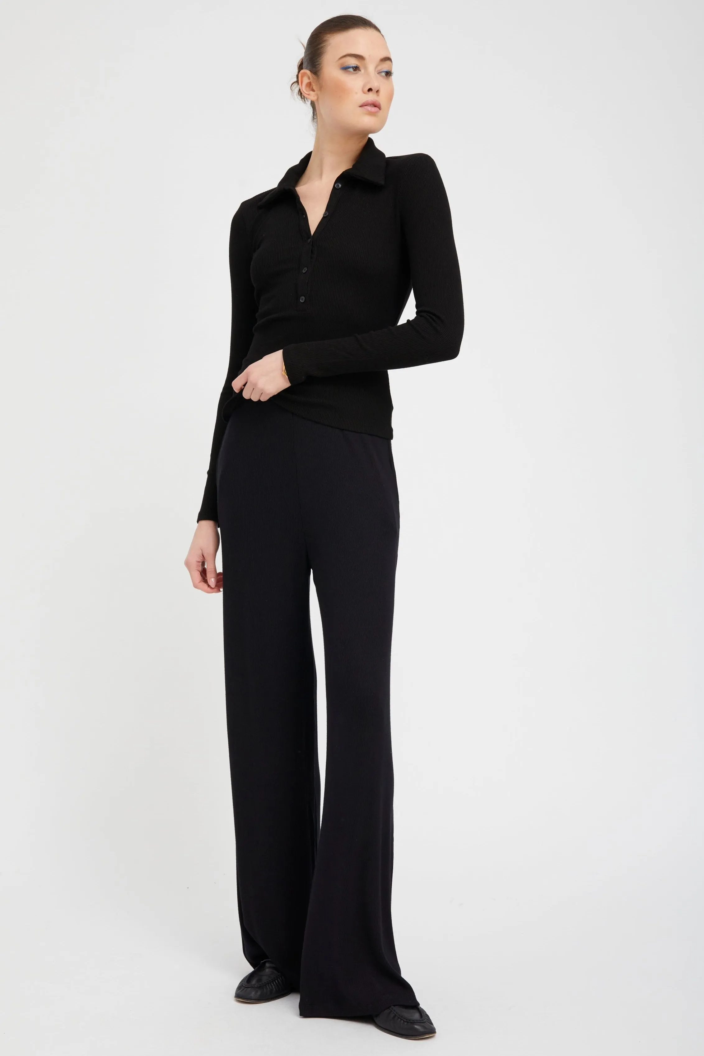 Black Rib Wide Leg Pants