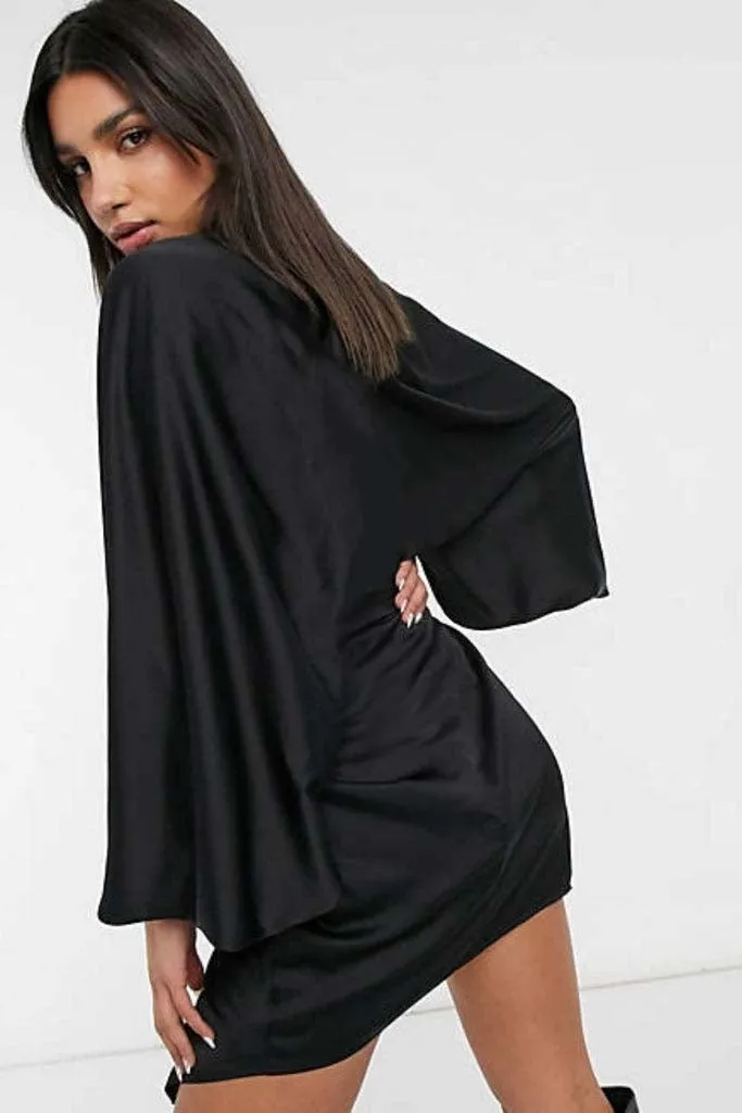 Blouson Sleeve Satin Shirt Mini Dress Open Back In Black