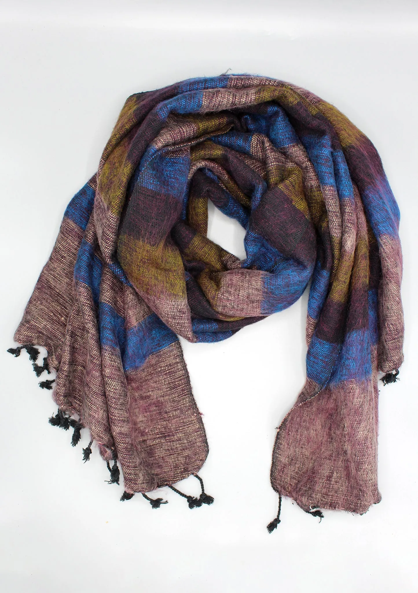 Blue Brown Mix Stripe Hand-loomed Yak Wool Shawl