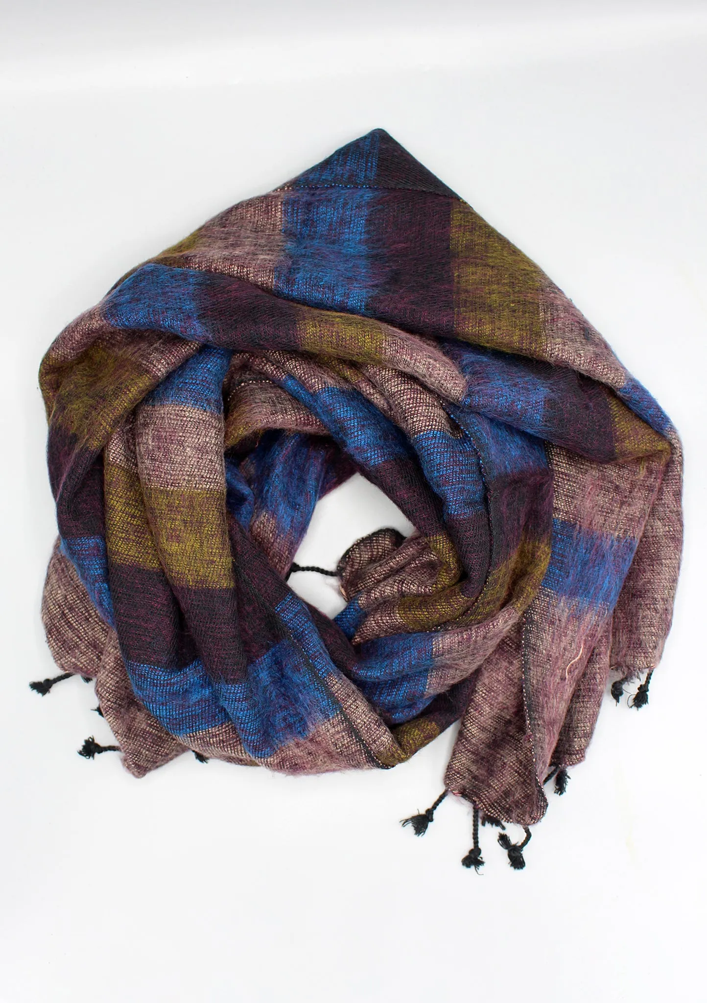 Blue Brown Mix Stripe Hand-loomed Yak Wool Shawl