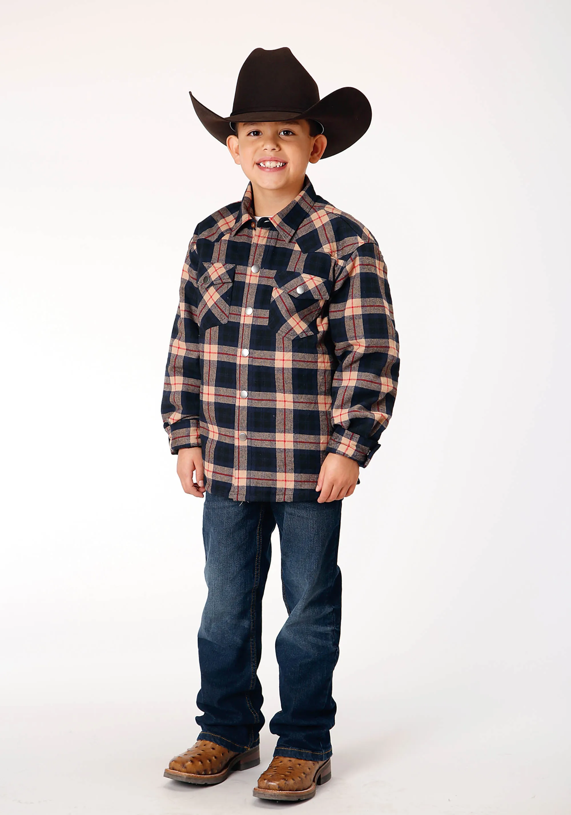 BOYS LONG SLEEVE SNAP CRANBERRY PLAID WESTERN SHIRT JACKET