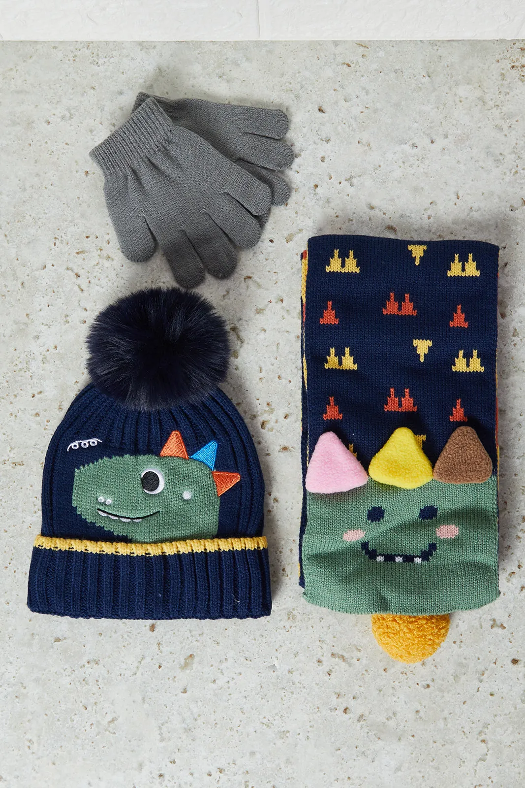 Boys Navy Knitted Cap Set (3 Piece)