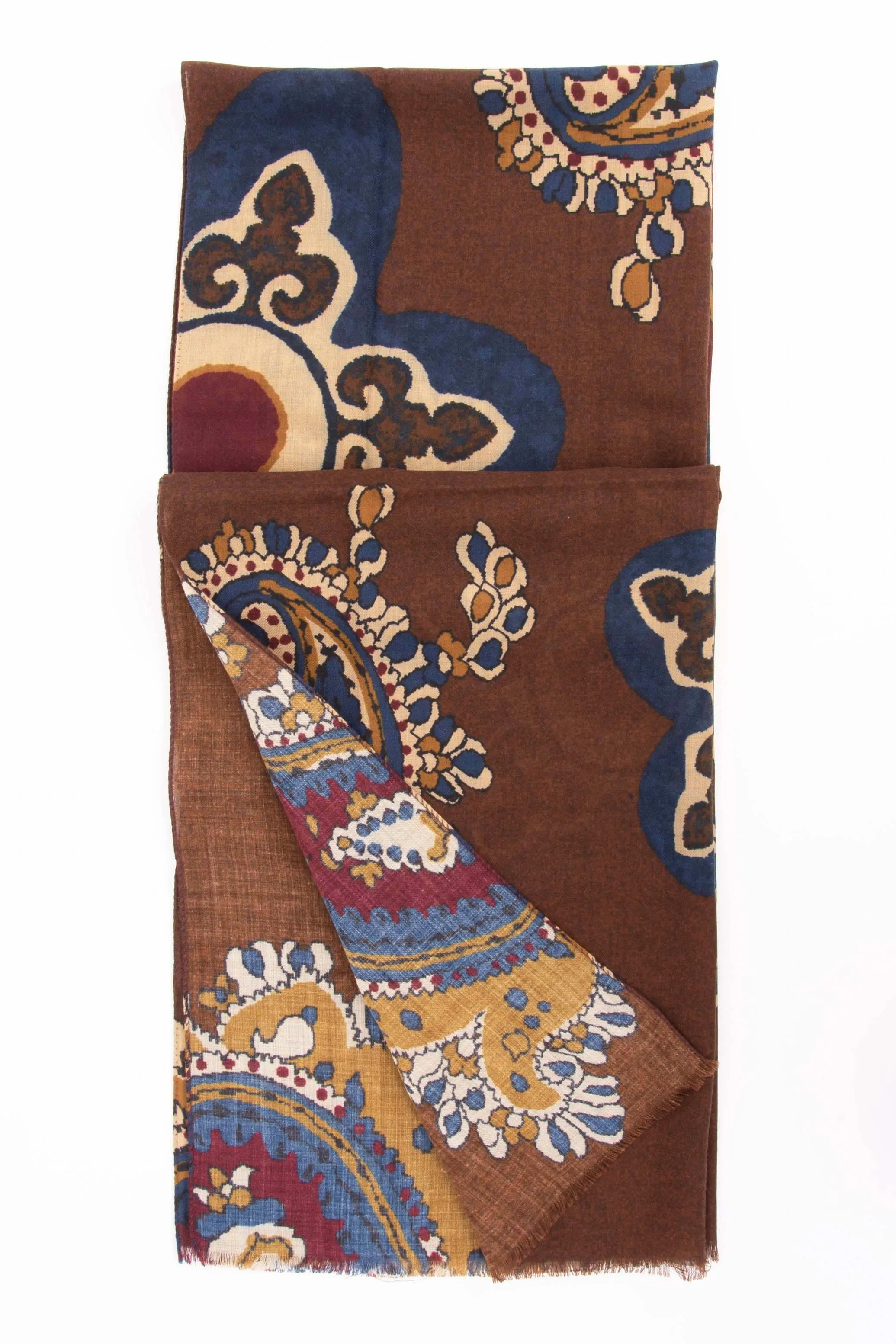 Brown Pure Italian Wool Paisley Scarf