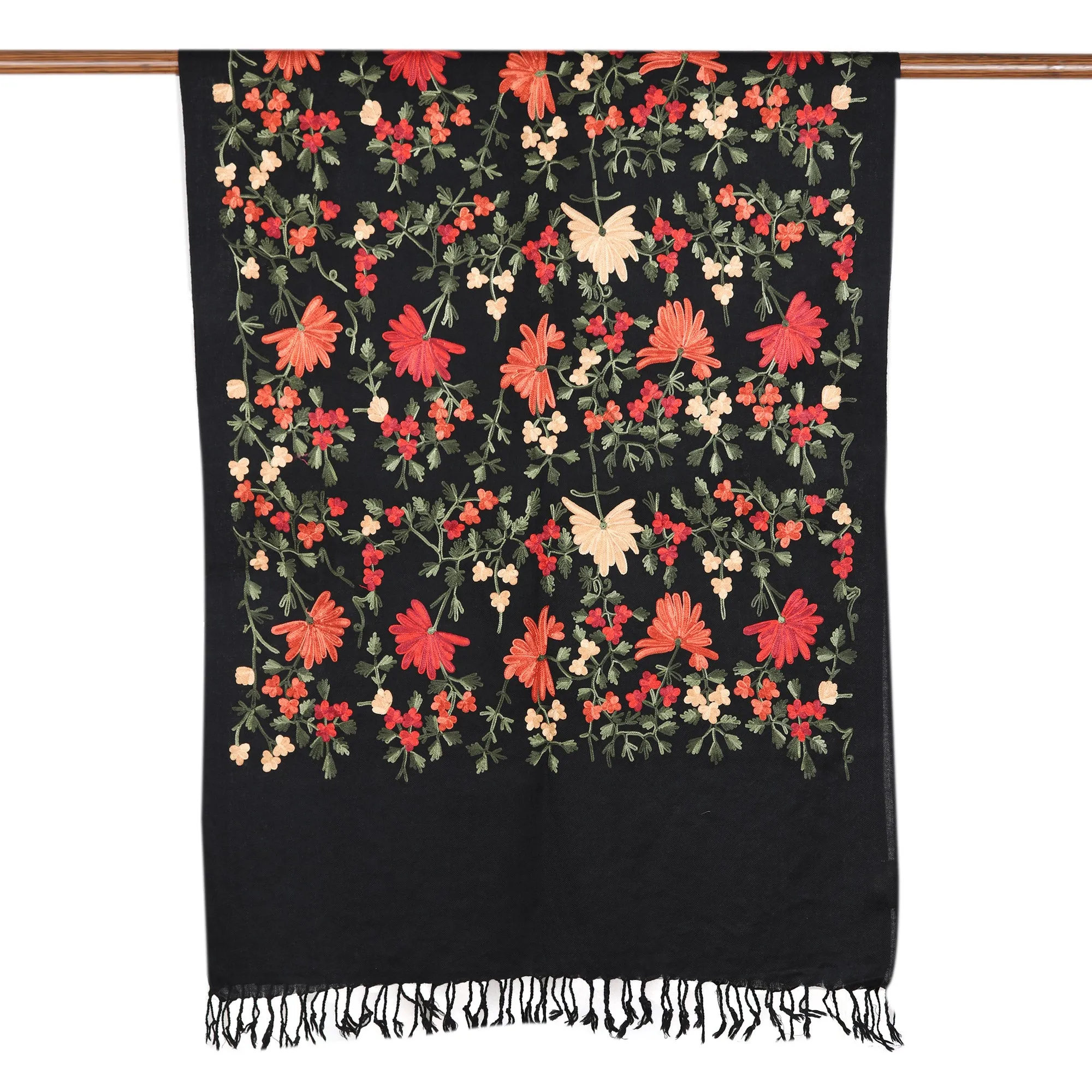 Chain-Stitched Embroidered Wool Shawl with Floral Motifs - Kashmir Blooms | NOVICA