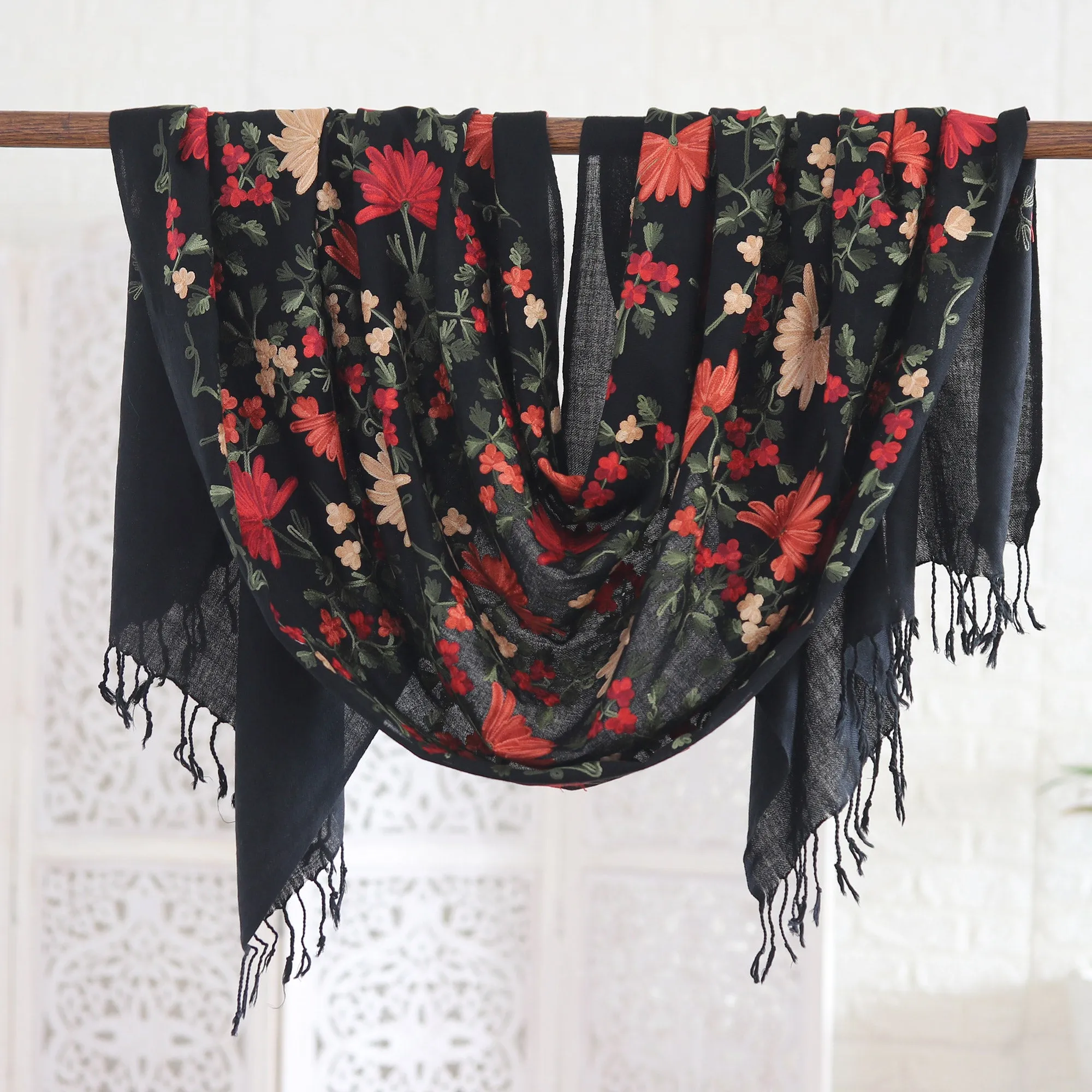 Chain-Stitched Embroidered Wool Shawl with Floral Motifs - Kashmir Blooms | NOVICA