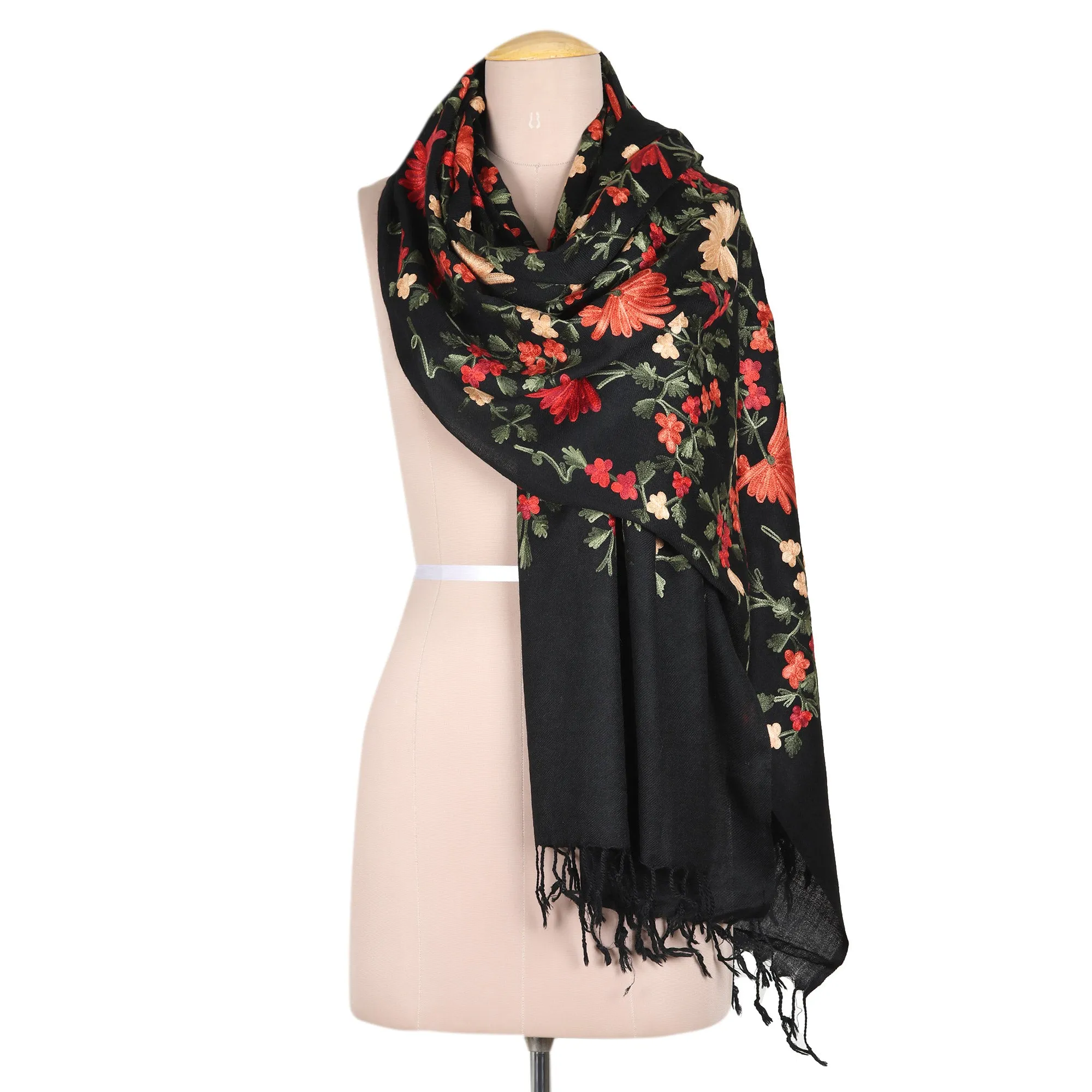 Chain-Stitched Embroidered Wool Shawl with Floral Motifs - Kashmir Blooms | NOVICA