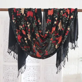 Chain-Stitched Embroidered Wool Shawl with Floral Motifs - Kashmir Blooms | NOVICA