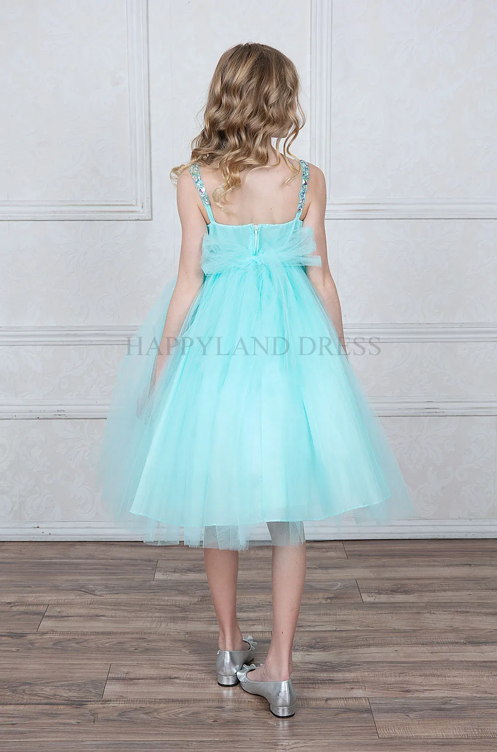 Champagne V-Neck Tulle Rhinestone Tea length Dress