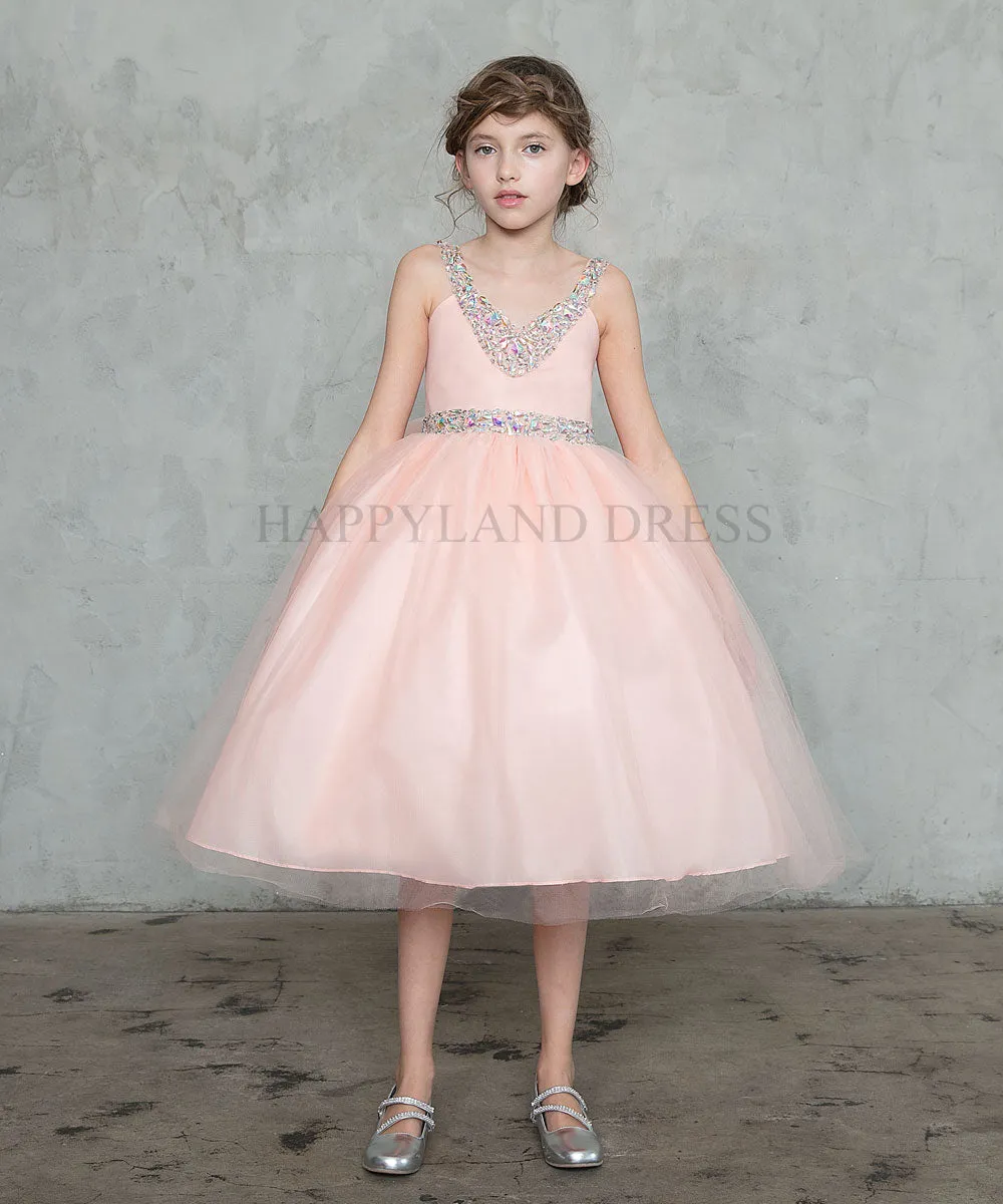 Champagne V-Neck Tulle Rhinestone Tea length Dress