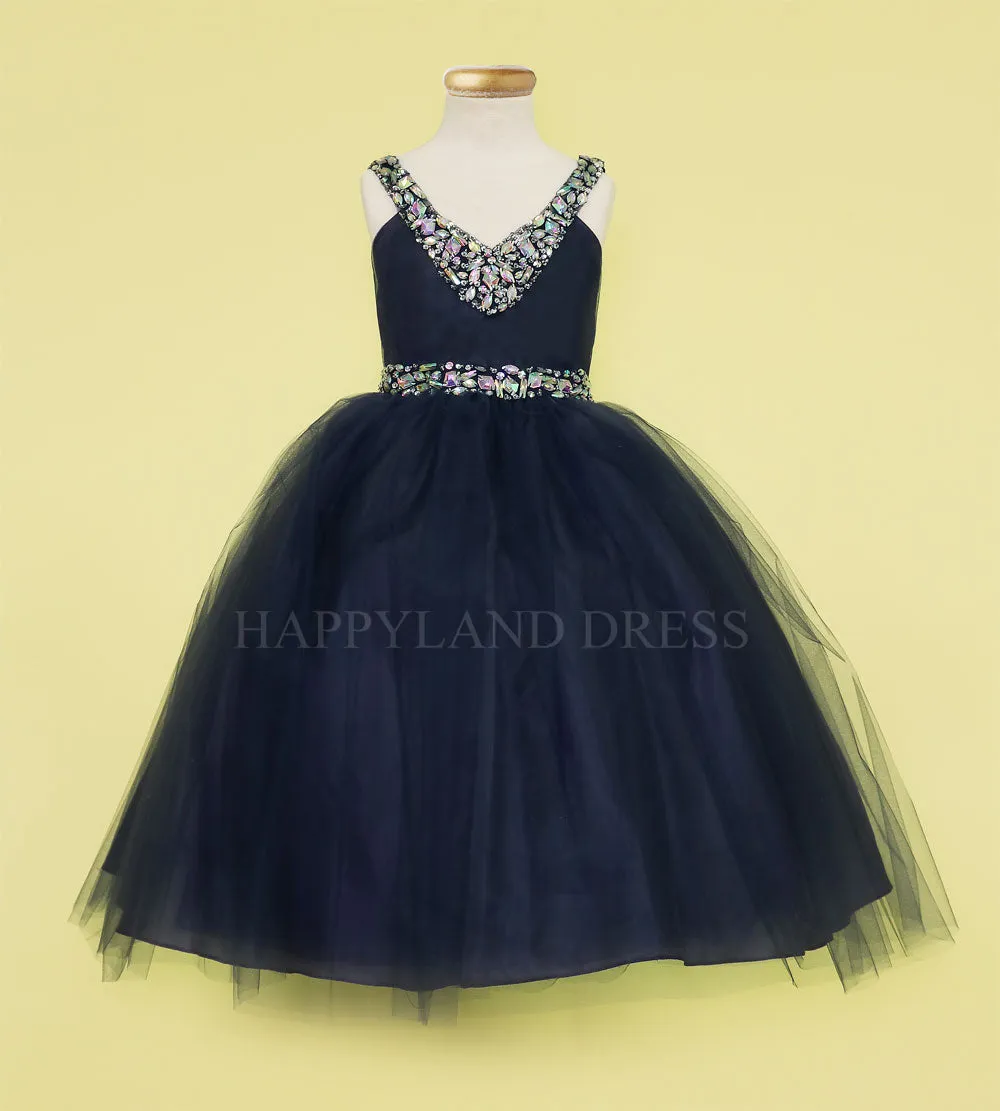 Champagne V-Neck Tulle Rhinestone Tea length Dress