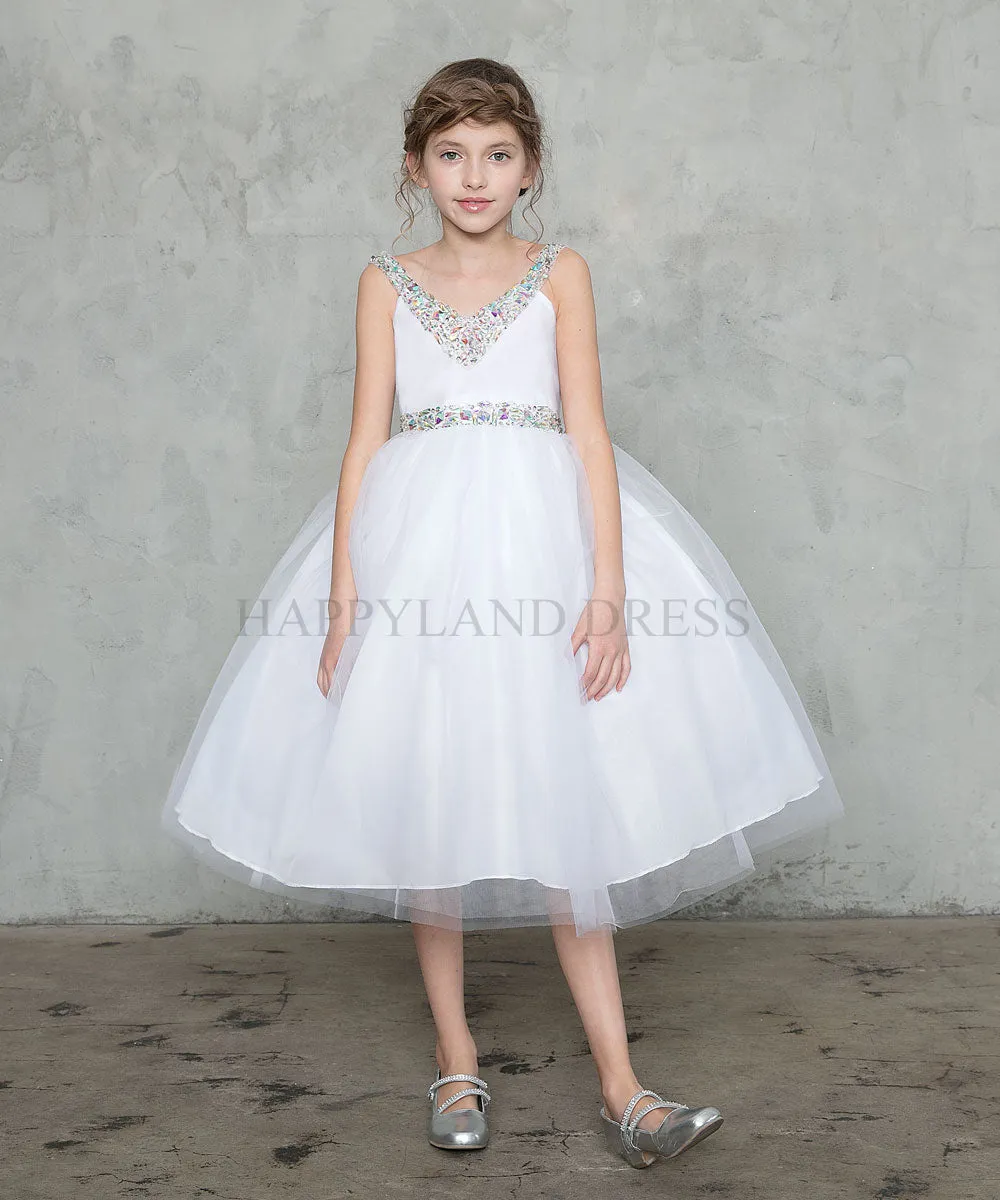 Champagne V-Neck Tulle Rhinestone Tea length Dress