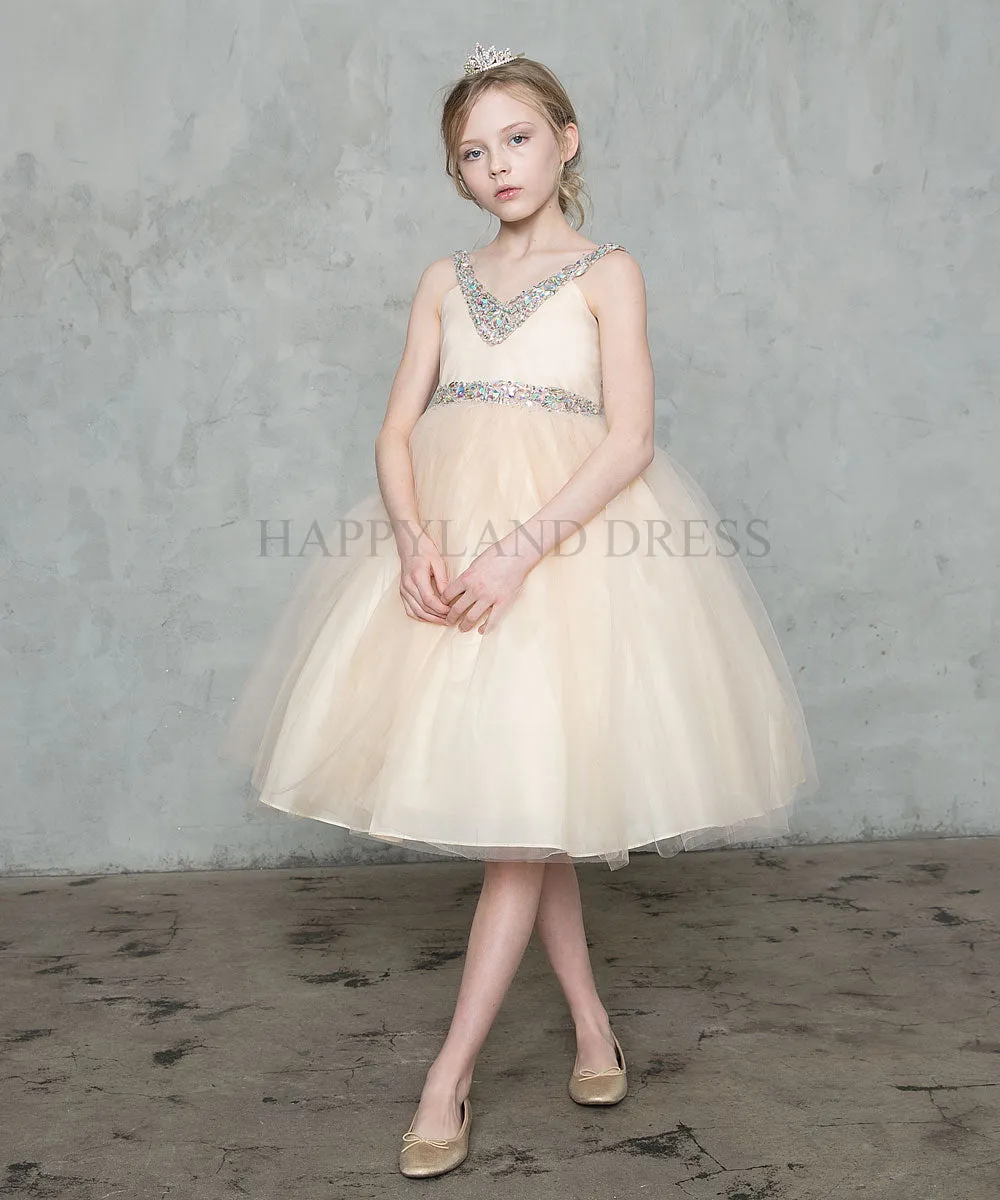 Champagne V-Neck Tulle Rhinestone Tea length Dress