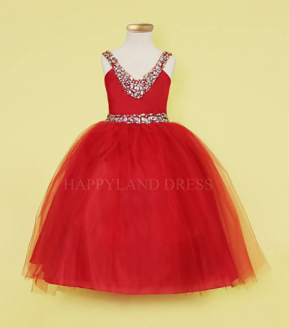 Champagne V-Neck Tulle Rhinestone Tea length Dress